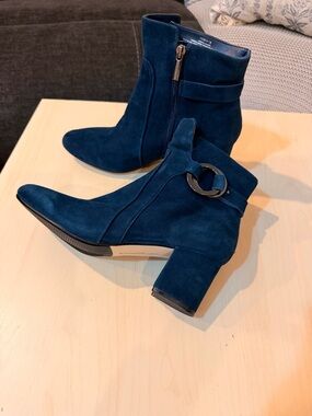 Karl Lagerfeld Navy Suede Ankle Booties with Buckle Accent Size 10M/41B